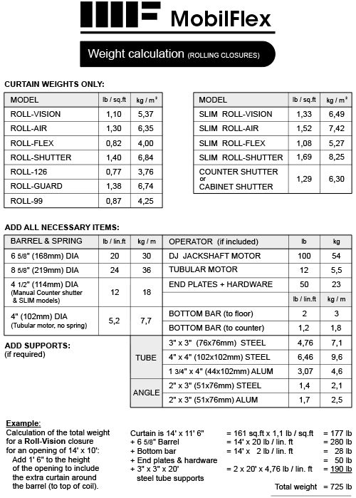 MobilFlex inc. - <b>Weight</b> calculation